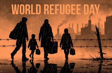 World Refugee Day: Silhouette Family Carrying Suitcases Through Rain Near Barbed Wire And Industrial City