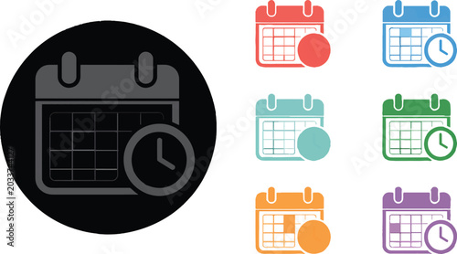 Calendar and clock icon set in multiple colors, flat schedule and time management symbols, colorful appointment planner vector elements