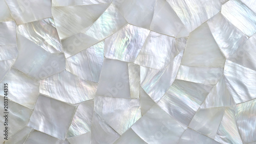 Abstract White Iridescent Mother of Pearl Shell Mosaic Texture Background, Elegant Pearlescent Nacre Tile Surface for Luxury Interior Design and Sophisticated Backdrop