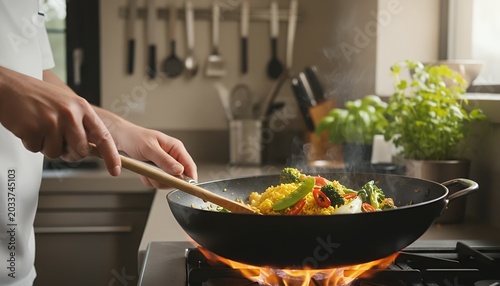 Stir-fry vegetables in wok on gas stove with open flame