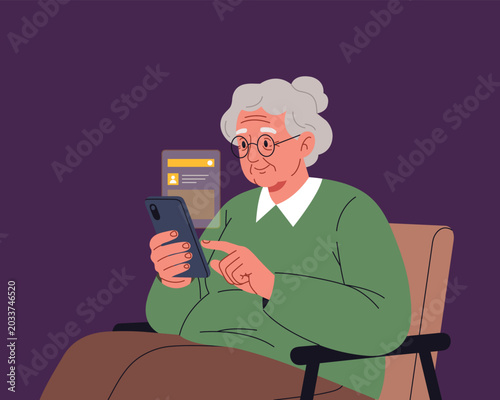 Senior Woman Using Smartphone at Home Vector Illustration for Digital Lifestyle and Elderly Technology Adoption