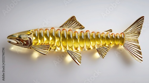 Top down white background of golden capsules forming fish silhouette, tightly packed from head to tail, smooth gel texture. 