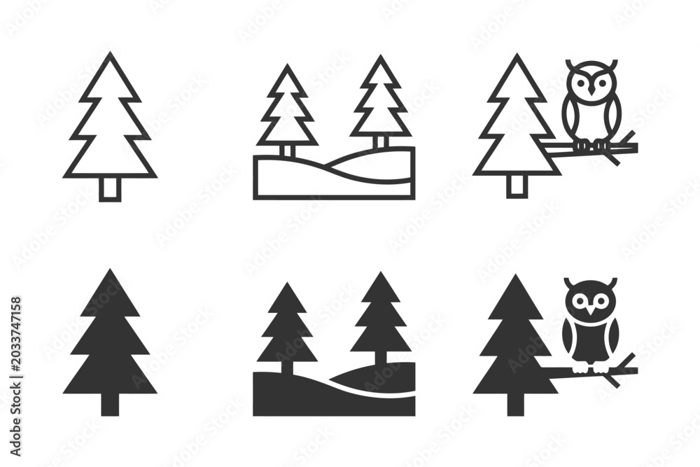 Fototapeta premium Collection of minimalist pine tree and owl illustrations in black and white.