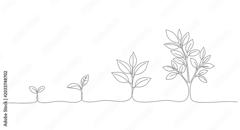 Fototapeta premium Plant growth progression, single line art, it symbolizes expansion