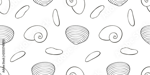 Seamless pattern of Outline Sea shells. Marine background with shellfishes, sinks, pebbles. Beach holiday theme. Hand draw design for wrapping paper, wallpaper, coloring book