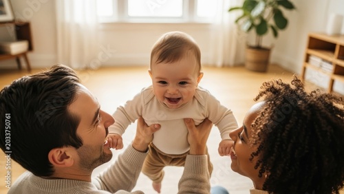 Interracial parents in casual clothes joyfully lifting their laughing baby up in a sunlit modern living room. Diverse family bonding time at home.
