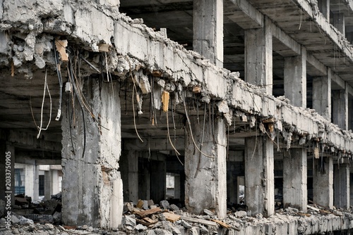 Obraz na płótnie 地震や災害で崩壊した鉄筋コンクリート造のビルや廃墟の建物の内部と剥き出しの鉄筋
