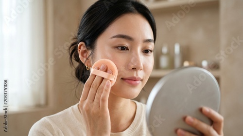 close-up shot of a serene young East Asian woman carefully applying face powder with a soft sponge, looking at her reflection in a silver handheld mirror in a bright, cozy living room.