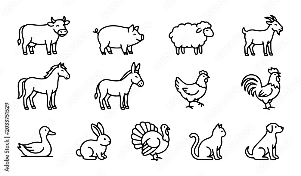 Obraz premium Farm Animals Line Art Vector Set with Rural Livestock and Barn Icons