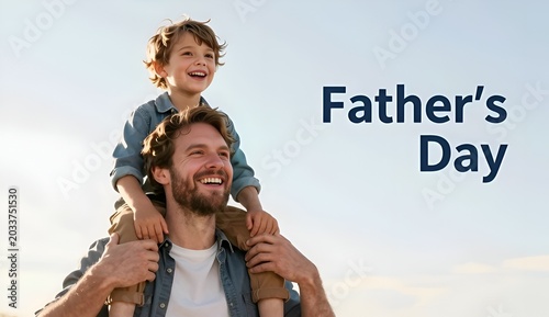 Father's Day celebration banner with joyful dad and son laughing together