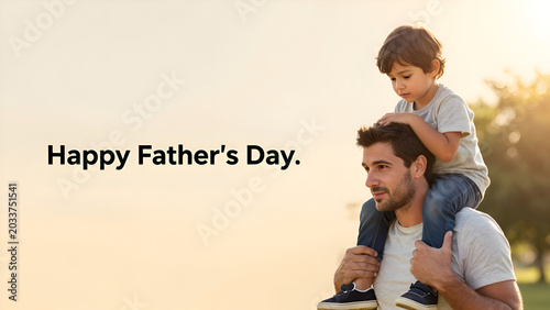 Happy Father's Day text with dad holding son on his shoulders at sunset