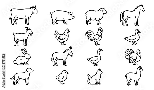 Photos Farm Livestock Outline Icons Vector Collection with Countryside Animal Symbols