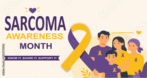 Foto Modern Sarcoma Awareness Month illustration with awareness ribbon and supportive family concept in flat design style
