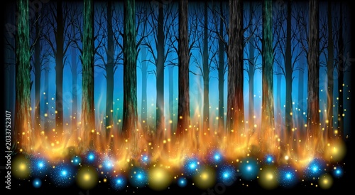 Ethereal forest with mystical glowing lights at night