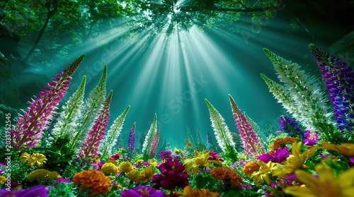 Magical forest floor illuminated by ethereal sunbeams filtering through lush green canopy, surrounded by vibrant blooming flowers