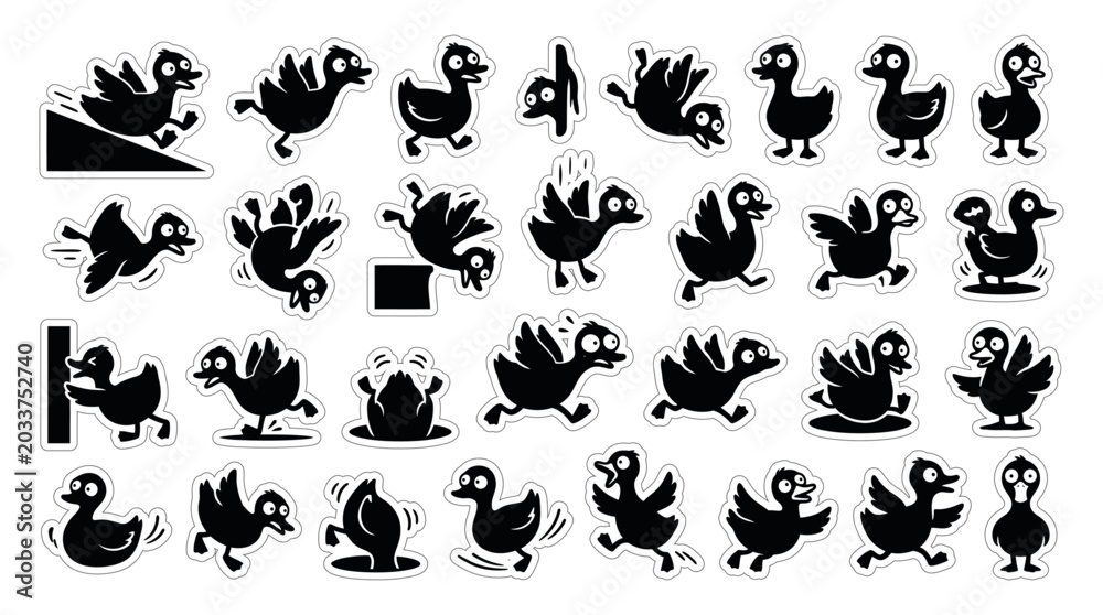 Fototapeta premium Funny Clumsy Ducks Black Silhouette Icon Set Vector Sticker Sheet