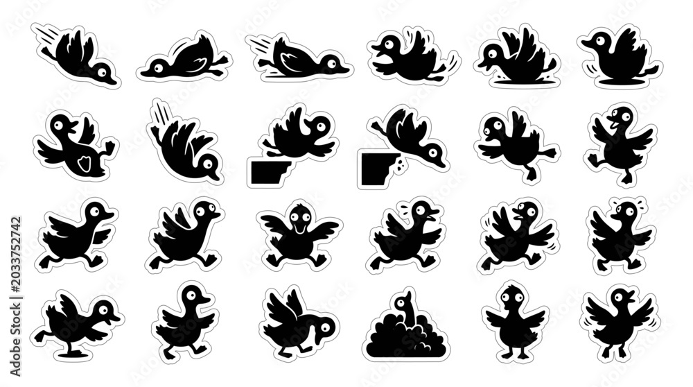 Fototapeta premium Funny Clumsy Ducks Black Silhouette Icon Set Vector Sticker Sheet