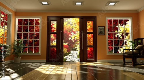 Cozy room with large windows overlooking a vibrant autumn garden