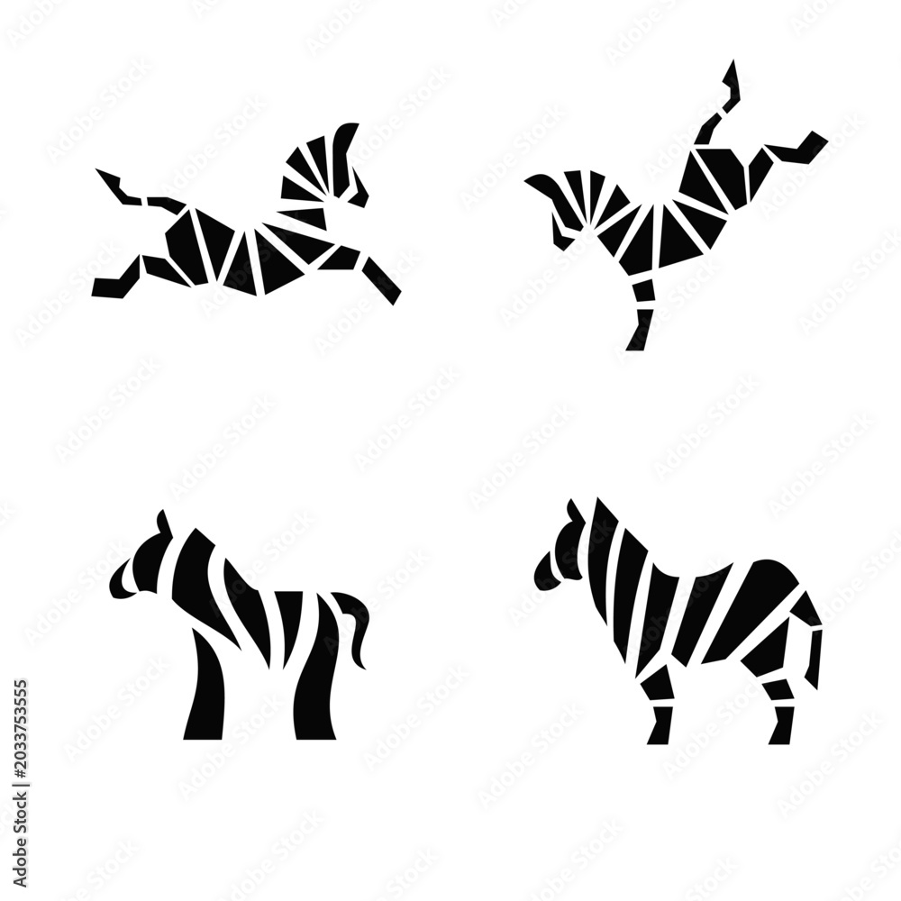 Obraz premium Abstract Geometric Zebra Logos Set. Modern Animal Icons and Silhouettes in Black and White.