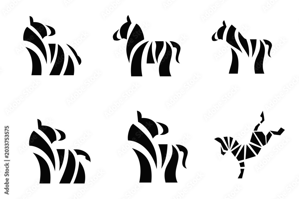 Obraz premium Collection of Stylized Zebra Logos and Icons in Black and White Abstract Geometric Design for Branding