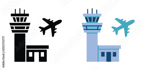Cuadro en lienzo Airport control tower and airplane icon set featuring aviation symbols, air traffic control, and airport infrastructure concepts
