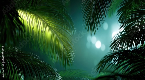 Palm fronds in lush jungle at twilight, with soft light and bokeh effect