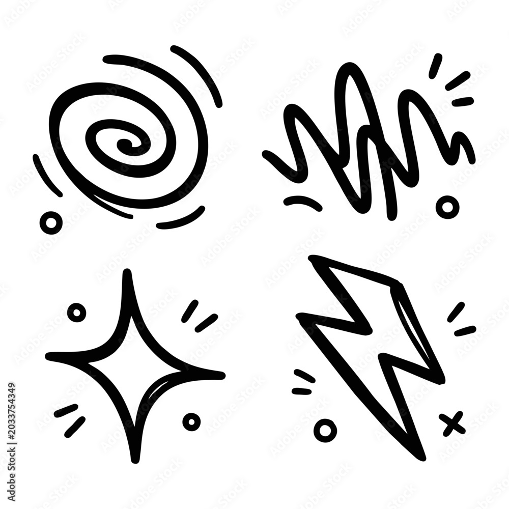 Fototapeta premium Spiral Lightning Spark Doodle Pack with Hand Drawn Abstract Wave and Star Elements