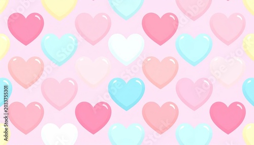 Pastel Colorful Heart Pattern Arranged on Soft Pink Background