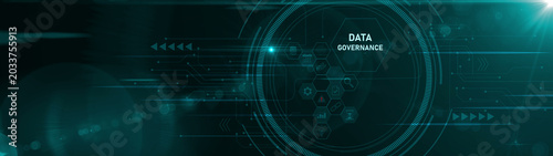 Canvas Print A glowing neon data governance concept surrounded by smaller icons for ai and manufacturing process management