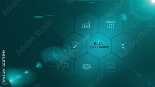 Fotografie A glowing neon data governance concept surrounded by smaller icons for ai and manufacturing process management