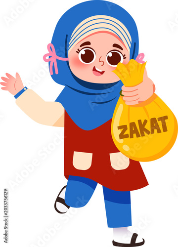 Smiling Muslim Girl Carrying Zakat Bag, Islamic Charity Illustration