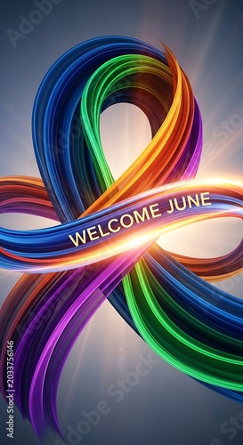 Vibrant multicolored ribbon swirls with welcome text overlay.