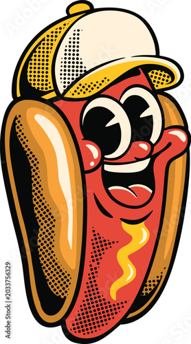 Fotografi Hand-drawn smiling hot dog mascot wearing a baseball cap, with toasted bun, red
