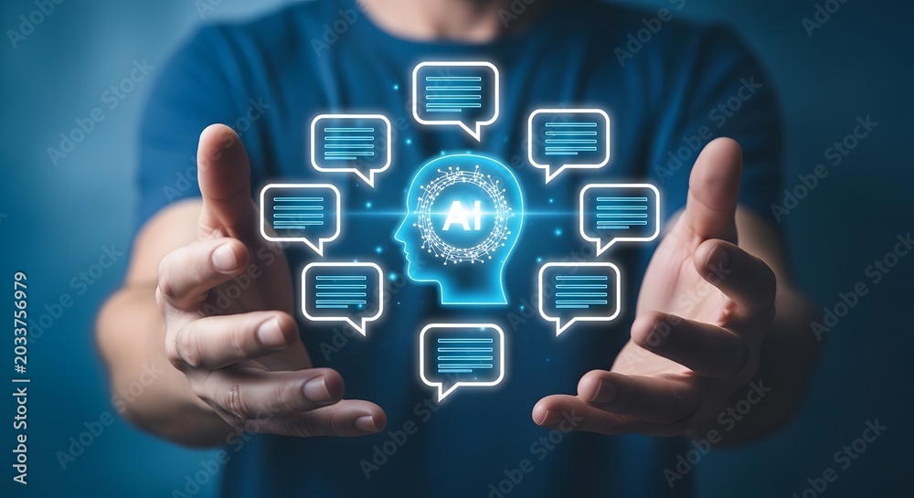 Naklejka premium Artificial intelligence concept hands holding glowing neural network brain surrounded by chat bubbles
