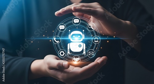 Hands protecting a glowing robotic interface with communication icons representing ai and technological advancement