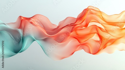 Geometric abstraction with flowing shapes in coral orange and mint green on light grey background showing movement and layering in design