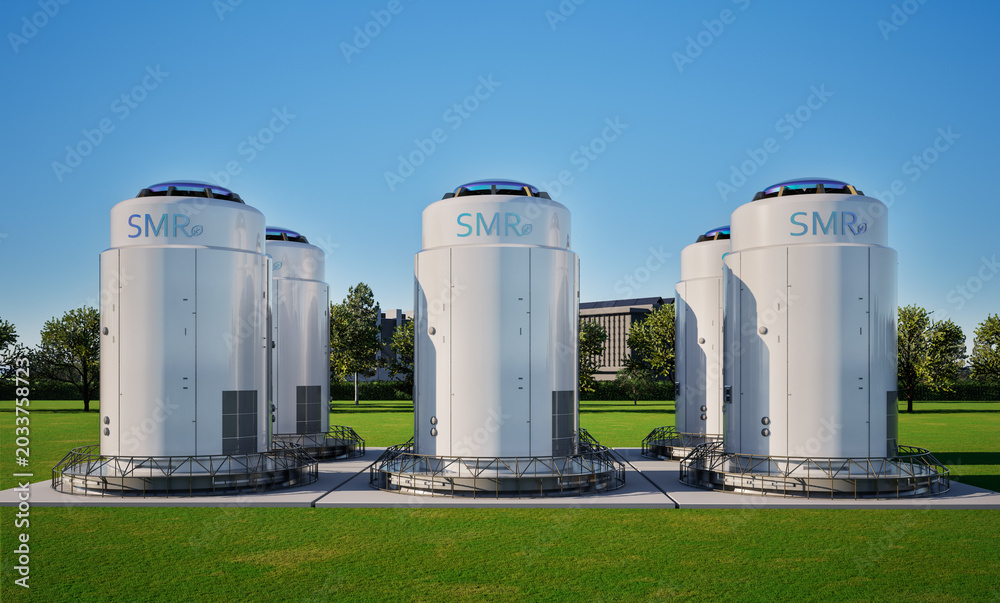 Fototapeta premium Group of smr or small modular nuclear reactors power plant against blue sky