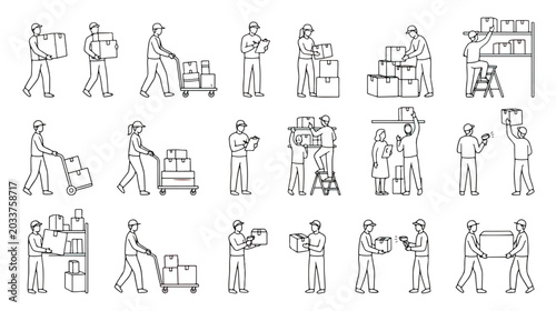 Foto Warehouse workers line art icons, delivery personnel carrying cardboard boxes ve