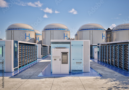 Group of energy storage systems or battery container units with hydrogen tanks