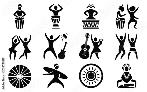 Juneteenth culture icon set in black silhouette on white background celebrating african american freedom and heritage with dancing people musical instruments and symbolic motifs