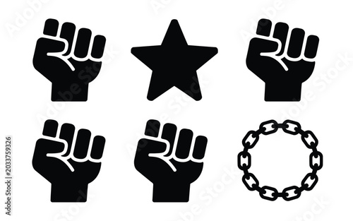 Schilderij op canvas Juneteenth icons set with fists star and broken chain symbols on white backgroun