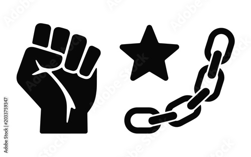Φωτογραφία Juneteenth icon set with fist star and broken chain symbolizing freedom and libe