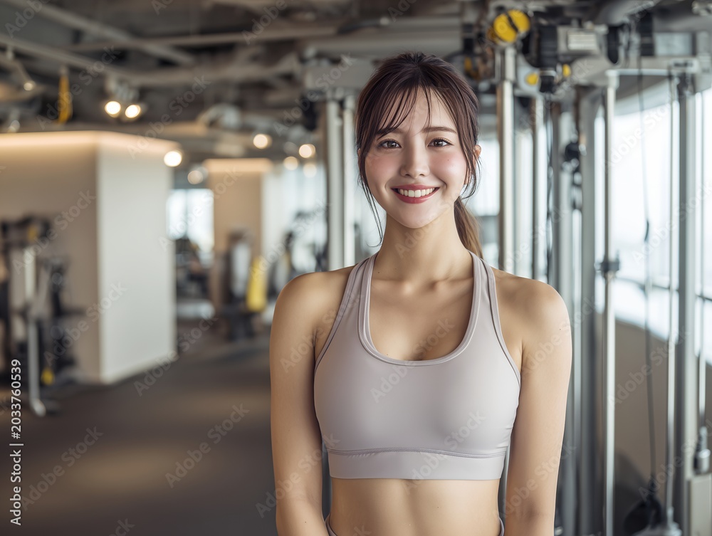 Fototapeta premium フィットネスジムの室内でカメラを見つめて爽やかに微笑むトレーニングウェア姿の女性