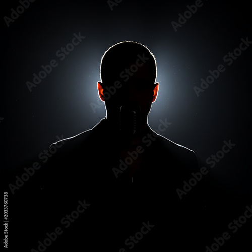 Silhouette of a man speaking into a vintage microphone against a dark background
