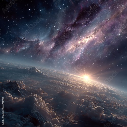Earth from space with glowing sun clouds and a distant purple and blue nebula distant nebula