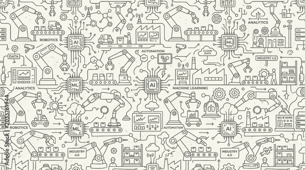 Obraz premium A complex illustration depicting various industrial and technological elements in a busy factory setting with multiple machines and workers.