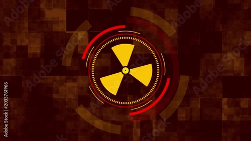 Radioactive symbol within futuristic circular interface dashboard. Hazardous radiation alert symbol for toxic zone warning. Digital radioactive animation.