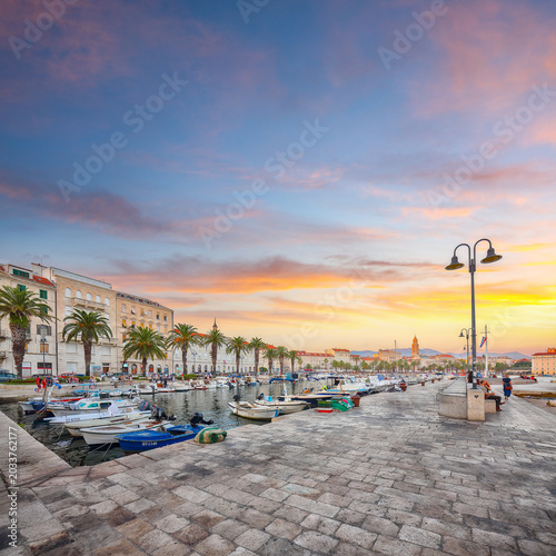 Awesome view of the promenade the Old Town of Split with the Palace of Diocletian and marina.  L