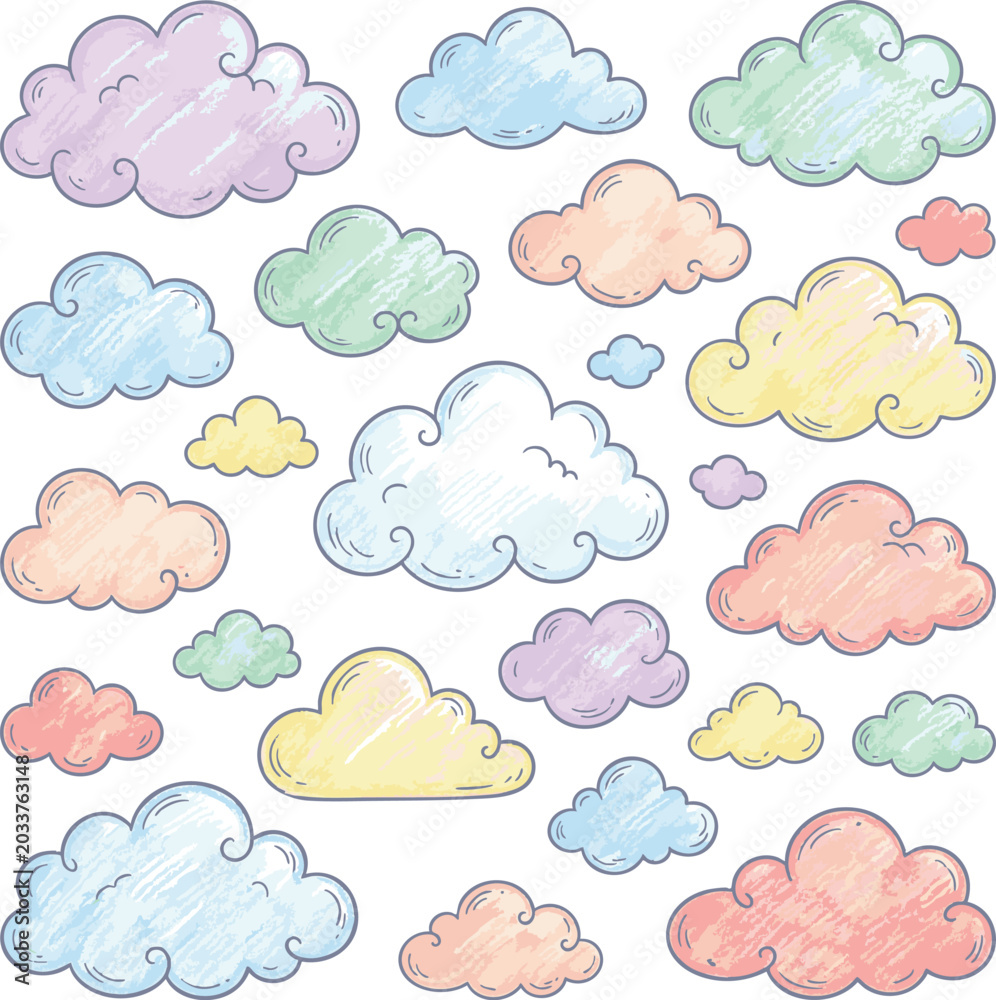 Obraz premium Cheerful collection of hand-drawn clouds, featuring delightful pastel colors and charming crayon scribble texture, ideal for playful designs and creative projects