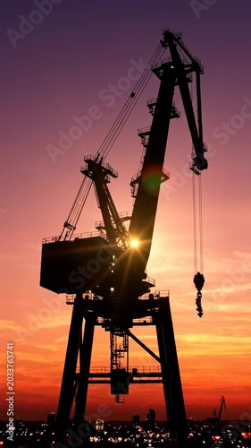 Industrial crane at sunset silhouette.